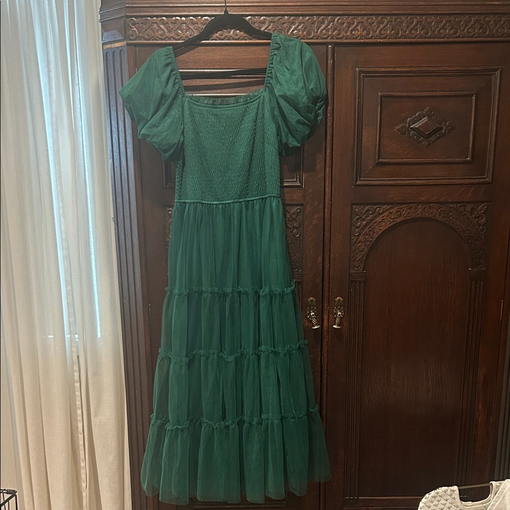 SOLD Boutique Christmas Wicked Emerald smocked puff sleeves tulle dress